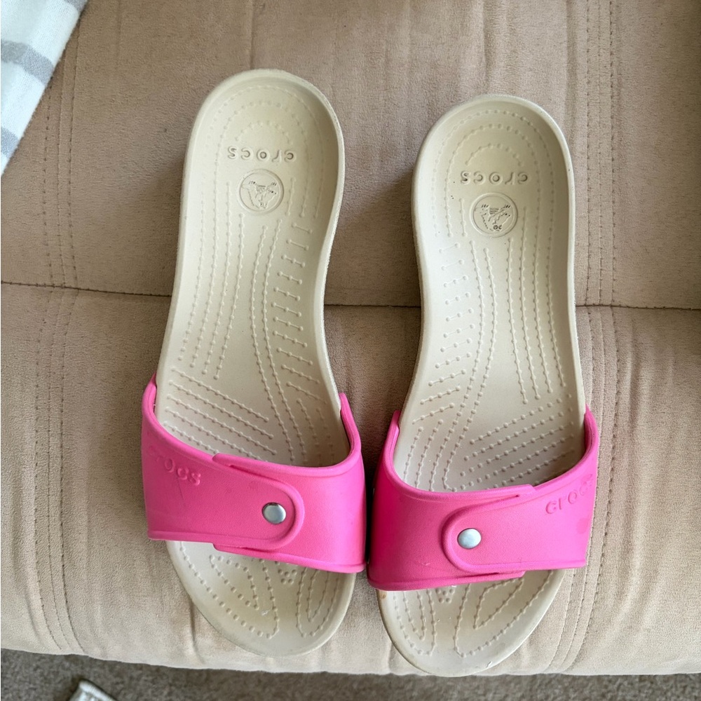 CROCS Beige Slide Sandals with Bright Pink Straps